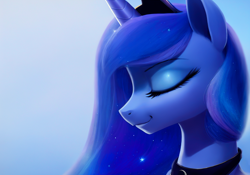 Size: 3200x2240 | Tagged: safe, ai assisted, ai content, artist:darbarri, derpibooru exclusive, generator:stable diffusion, princess luna, alicorn, pony, g4, bust, eyes closed, high res, peaceful, portrait, smiling, solo, wallpaper