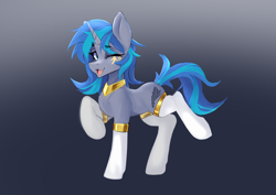 Size: 3508x2480 | Tagged: safe, artist:暮光闪闪穿那啥给我看, oc, oc only, oc:cork, pony, unicorn, blue mane, blue tail, clothes, cute, egyptian, eyebrows, eyebrows visible through hair, face paint, female, gold jewelry, gradient background, high res, horn, long mane, looking at you, mare, one eye closed, raised hoof, solo, standing on two hooves, stockings, tail, thigh highs, two toned mane, two toned tail, unicorn oc, white stockings, wink, winking at you