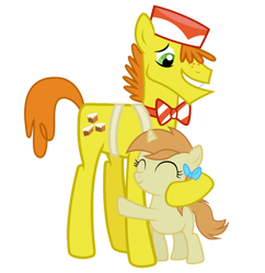 Size: 800x828 | Tagged: safe, artist:ridingonrainbows, carrot cake, pumpkin cake, earth pony, pony, unicorn, g4, 2018, ^^, apron, blank flank, bow, bowtie, clothes, duo, duo male and female, eyes closed, father and child, father and daughter, female, filly, foal, hair bow, hat, hug, male, older, older pumpkin cake, simple background, stallion, transparent background