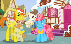 Size: 1024x641 | Tagged: safe, artist:littlebasemaker, artist:ridingonrainbows, artist:zacatron94, carrot cake, cup cake, pound cake, pumpkin cake, earth pony, pegasus, pony, unicorn, g4, apron, bow, bowtie, cake family, clothes, colt, ear piercing, earring, female, filly, flying, foal, freckles, hair bow, hat, hug, jewelry, male, mare, older, older pound cake, older pumpkin cake, piercing, signature, stallion, sugarcube corner