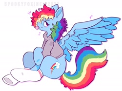 Size: 2048x1530 | Tagged: safe, artist:spookyfoxinc, rainbow dash, pegasus, pony, g4, :p, blue wings, clothes, fluffy hair, hoodie, raised hoof, simple background, socks, solo, spread wings, tongue out, white background, wings