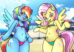 Size: 877x620 | Tagged: safe, artist:anykoe, fluttershy, rainbow dash, pegasus, pony, semi-anthro, g4, :p, adorasexy, arm hooves, beach, bikini, clothes, cute, ear fluff, female, legs together, sexy, solo, surprised, swimsuit, tongue out