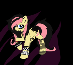 Size: 880x791 | Tagged: safe, artist:solixy406, fluttershy, pegasus, pony, g4, accessory, black wings, blue eyes, choker, chokershy, colored wings, ear piercing, emo, emoshy, folded wings, frown, jewelry, looking at you, makeup, necklace, piercing, solo, wings, wrong eye color