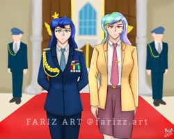 Size: 1024x818 | Tagged: safe, artist:lencai123, princess celestia, princess luna, human, g4, clothes, duo focus, female, humanized, military uniform, necktie, signature, suit, uniform