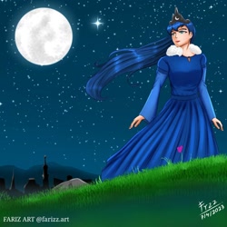 Size: 1024x1024 | Tagged: safe, artist:lencai123, princess luna, human, g4, female, grass, humanized, moon, night, outdoors, solo