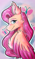 Size: 1200x2048 | Tagged: safe, artist:dragonspagoot, fluttershy, pegasus, pony, g4, aside glance, bust, chest fluff, colored wings, cutie mark background, ear fluff, female, looking at you, mare, outline, profile, smiling, solo, two toned wings, white outline, wings