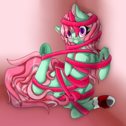 Size: 5000x5000 | Tagged: artist needed, source needed, safe, minty, pony, g3, gradient background, ribbon, solo, tangled up