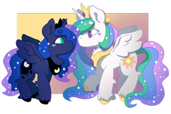 Size: 3000x2000 | Tagged: safe, artist:caprania, princess celestia, princess luna, alicorn, pony, g4, gradient background, high res, looking at each other, looking at someone, royal sisters, siblings, simple background, sisters, transparent background, unshorn fetlocks