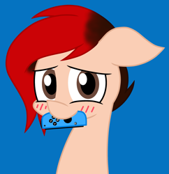 Size: 1983x2052 | Tagged: safe, artist:derpyalex2, oc, oc only, pegasus, pony, blue background, blushing, controller, digital art, joycon, looking at you, nintendo, nintendo switch, simple background, solo