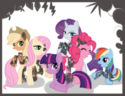 Size: 1300x1000 | Tagged: safe, artist:madokakoaki, applejack, fluttershy, pinkie pie, rainbow dash, rarity, twilight sparkle, earth pony, pegasus, pony, unicorn, g4, applejack's hat, cowboy hat, eyes closed, eyeshadow, female, freckles, hat, lying down, makeup, mane six, mare, open mouth, prone, sitting, tattoo, unicorn twilight