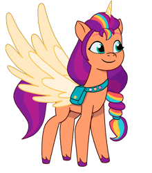 Size: 1398x1586 | Tagged: safe, artist:caseyben887, sunny starscout, alicorn, earth pony, pony, g5, my little pony: tell your tale, spoiler:g5, artificial horn, artificial wings, augmented, bag, female, horn, magic, magic horn, magic wings, mane stripe sunny, mare, race swap, saddle bag, simple background, slender, solo, spread wings, sunnycorn, thin, transparent background, unshorn fetlocks, wings