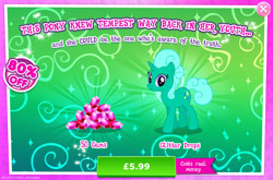 Size: 1958x1293 | Tagged: safe, gameloft, glitter drops, pony, unicorn, g4, my little pony: magic princess, advertisement, costs real money, english, female, gem, horn, introduction card, mare, mobile game, numbers, sale, solo, text