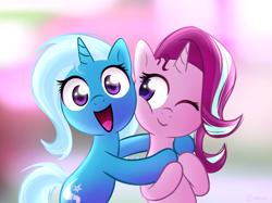 Size: 2732x2048 | Tagged: safe, artist:notfocks, starlight glimmer, trixie, pony, unicorn, blurry background, cute, diatrixes, duo, female, glimmerbetes, happy, hug, lesbian, looking at each other, looking at someone, looking at you, one eye closed, open mouth, open smile, shading, shipping, smiling, smiling at each other, smiling at you, startrix