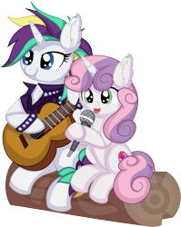 Size: 6442x8087 | Tagged: safe, artist:cyanlightning, rarity, sweetie belle, pony, unicorn, g4, .svg available, absurd resolution, alternate hairstyle, belle sisters, duo, duo female, female, filly, foal, guitar, log, mare, microphone, musical instrument, punk, raripunk, siblings, simple background, sisters, sitting, the cmc's cutie marks, transparent background, vector