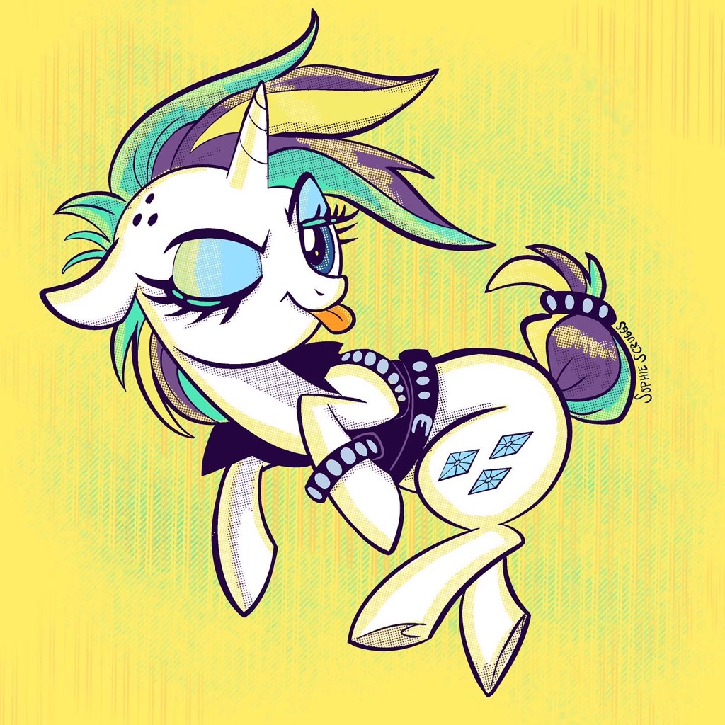[alternate hairstyle,artist:sophillia,clothes,floppy ears,looking at you,pony,punk,rarity,raspberry,safe,solo,tail,unicorn,vest,wink,tongue out,one eye closed,underhoof,short tail,lidded eyes,smiling,wristband,spiked wristband,raripunk,winking at you]