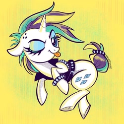 Size: 1440x1440 | Tagged: safe, artist:sophie scruggs, rarity, pony, unicorn, g4, alternate hairstyle, clothes, floppy ears, lidded eyes, looking at you, one eye closed, punk, raripunk, raspberry, short tail, smiling, solo, spiked wristband, tail, tongue out, underhoof, vest, wink, winking at you, wristband