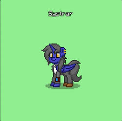 Size: 501x498 | Tagged: safe, alternate version, oc, oc only, oc:systrar, alicorn, pony, fallout equestria, alicorn oc, artificial alicorn, clothes, ear piercing, earring, green background, horn, jewelry, piercing, pipbuck, pixel art, simple background, solo, wings