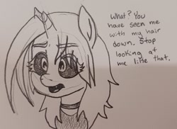 Size: 2048x1488 | Tagged: safe, artist:pony quarantine, oc, oc only, oc:dyx, alicorn, pony, bust, choker, dialogue, eye clipping through hair, female, filly, foal, grayscale, loose hair, monochrome, pencil drawing, solo, traditional art