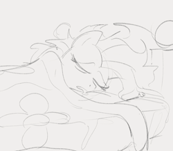 Size: 907x790 | Tagged: safe, artist:dotkwa, fluttershy, pegasus, pony, g4, bed, bed mane, drool, eyes closed, female, grayscale, lying down, mare, monochrome, on side, pencil drawing, sleeping, solo, traditional art