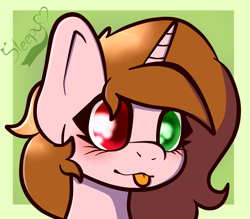 Size: 2000x1752 | Tagged: source needed, safe, artist:sleepy, oc, oc:listfia, pony, unicorn, :p, blushing, bust, colored pupils, female, filly, foal, heterochromia, horn, portrait, simple background, solo, tongue out, watermark