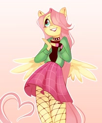 Size: 1066x1280 | Tagged: safe, artist:anotherdeadrat, fluttershy, pegasus, anthro, dtiys emoflat, g4, choker, clothes, draw this in your style, fishnet stockings, gradient background, grin, hair over one eye, heart, skirt, smiling, solo, spiked choker, spread wings, wings