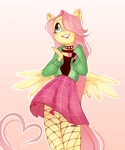 Size: 1066x1280 | Tagged: safe, artist:anotherdeadrat, fluttershy, pegasus, anthro, choker, clothes, draw this in your style, dtiys emoflat, fishnets, gradient background, grin, hair over one eye, heart, skirt, smiling, solo, spiked choker, spread wings, wings