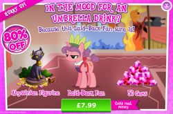 Size: 1960x1296 | Tagged: safe, gameloft, carrot bun, pony, unicorn, g4, my little pony: magic princess, advertisement, apron, bush, clothes, coin, costs real money, english, female, gem, horn, introduction card, mare, mobile game, numbers, sale, solo, statue, text, treasure chest