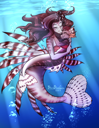 Size: 2430x3124 | Tagged: safe, artist:blackblood-queen, oc, oc only, oc:pepper zest, oc:scarlet quill, mermaid, anthro, anthro oc, bra, bubble, commission, digital art, dorsal fin, eyes closed, fangs, female, filly, fin, fins, fish tail, flowing mane, flowing tail, foal, happy, high res, hug, lionfish, looking at each other, looking at someone, mare, mermaidized, mermay, mother and child, mother and daughter, ocean, offspring, parent:oc:savory zest, parent:oc:scarlet quill, parents:oc x oc, seashell bra, smiling, smiling at each other, species swap, swimming, tail, underwater, water, wholesome