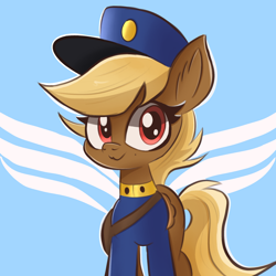 Size: 2048x2048 | Tagged: safe, artist:thebigstuff, artist:thebigstuff89, swift reply, pegasus, pony, g4, :3, bag, big eyelashes, blonde, blue background, clothes, female, folded wings, hat, high res, looking at you, mare, red eyes, simple background, smiling, solo, uniform, wings