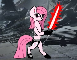 Size: 612x480 | Tagged: safe, artist:muhammad yunus, oc, oc only, oc:annisa trihapsari, earth pony, pony, bipedal, crossover, earth pony oc, female, lightsaber, long mane, looking at you, mare, sith, solo, star wars, weapon