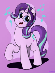 Size: 1500x1995 | Tagged: safe, artist:passionpanther, starlight glimmer, pony, unicorn, series:ponies with headphones, g4, cel shading, cute, female, full body, glimmerbetes, happy, head tilt, headphones, looking to the right, mare, music notes, open mouth, open smile, raised hoof, shading, smiling, solo