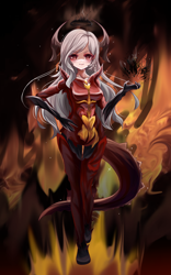 Size: 2000x3200 | Tagged: safe, artist:mika.lish, oc, oc only, oc:smokewhisp, demon, human, armor, blushing, breasts, claws, clothes, commission, cosplay, costume, dark magic, diablo (series), diablo iii, ear piercing, earring, evil, fire, gift art, halo, hell, high res, horns, humanized, humanized oc, jewelry, looking at you, magic, particles, piercing, pose, sexy, skull, smiling, solo, sparkles, tail, walking, white hair, white pupils