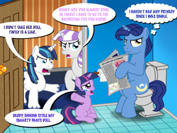 Size: 2695x2022 | Tagged: safe, anonymous artist, night light, shining armor, twilight sparkle, twilight velvet, pony, unicorn, g4, argument, bathroom, but why, colt, colt shining armor, crying, father and child, father and daughter, father and son, female, filly, filly twilight sparkle, high res, husband and wife, implied pooping, interrupted, male, mother and child, mother and daughter, mother and son, newspaper, sitting, sitting on toilet, speech bubble, stallion, text, thought bubble, toilet, toilet paper, younger