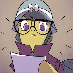 Size: 532x530 | Tagged: safe, idw, official comic, a.k. yearling, daring do, pegasus, pony, g4, my little pony classics reimagined: little fillies, spoiler:comic, bow, emanata, female, glasses, hat, mare, paper, solo