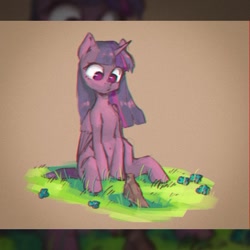 Size: 541x541 | Tagged: safe, artist:haku nichiya, twilight sparkle, alicorn, pony, sparrow, g4, animal, beige background, female, film grain, flower, folded wings, grass, looking at each other, looking at someone, mare, no pupils, simple background, sitting, solo, twilight sparkle (alicorn), wings, zoom layer