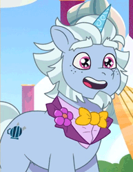 Size: 410x531 | Tagged: safe, screencap, alphabittle blossomforth, pony, unicorn, g5, mare family mare problems, my little pony: tell your tale, spoiler:g5, spoiler:my little pony: tell your tale, spoiler:tyts01e51, alphabetes, animated, bowtie, clothes, cropped, cute, ear flick, eye shimmer, freckles, gif, happy, i watch it for the ears, male, reaction image, smiling, solo, sparkly eyes, stallion, tuxedo, wingding eyes, youtube link, zephyr heights