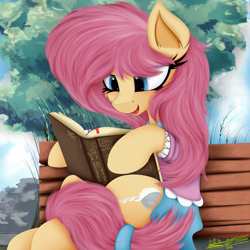 Size: 4000x4000 | Tagged: safe, artist:ser-p, swan song, earth pony, pony, g4, absurd resolution, bench, big eyes, big hair, big mane, book, clothes, commission, commissioner:shaddar, cyrillic, ear fluff, female, hair tie, long eyelashes, looking at something, mare, missing accessory, russian, solo, translated in the comments