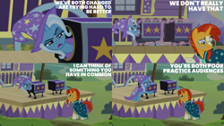 Size: 2000x1125 | Tagged: safe, edit, edited screencap, editor:quoterific, screencap, sunburst, trixie, pony, unicorn, g4, uncommon bond, box, cape, clothes, female, glasses, hat, male, mare, quote, raised hoof, saw trick, stage, stallion, trixie is not amused, trixie's cape, trixie's hat, unamused