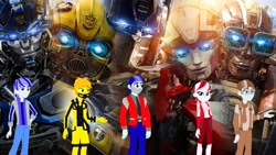 Size: 1600x900 | Tagged: safe, artist:robertsonskywa1, edit, human, robot, equestria girls 10th anniversary, equestria girls, g4, arcee, autobot, bumblebee (transformers), clothes, comparison, equestria girls-ified, face mask, female, glasses, group, male, mask, mirage, multicolored hair, optimus prime, quintet, transformers, transformers rise of the beasts, wallpaper, wallpaper edit, wheeljack