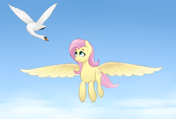 Size: 2998x2030 | Tagged: safe, artist:waffletheheadmare, fluttershy, bird, pegasus, pony, swan, g4, cloud, female, flying, high res, mare, pink mane, pink tail, sky, smiling, tail, wings, yellow coat
