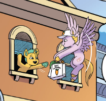 Size: 209x200 | Tagged: safe, artist:amy mebberson, idw, official comic, fast delivery, magic trail, pegasus, pony, unicorn, g5, spoiler:comic, spoiler:g5comic, spoiler:g5comic12, bag, blinds, cap, cropped, curtains, hat, hoof hold, maretime bay, not hitch trailblazer, shopping bag, spread wings, window, wings