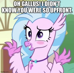 Size: 511x500 | Tagged: safe, edit, edited screencap, screencap, silverstream, classical hippogriff, hippogriff, g4, uprooted, blushing, caption, image macro, implied gallus, meme, solo, text