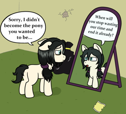 Size: 1368x1234 | Tagged: safe, artist:scraggleman, oc, oc only, oc:floor bored, earth pony, pony, bag, blank flank, dialogue, drawthread, earth pony oc, female, filly, floppy ears, foal, implied suicide, looking at each other, looking at someone, mare, midlife crisis, mirror, parody, self paradox, self ponidox, speech bubble, talking, trash bag, younger