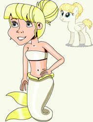Size: 719x944 | Tagged: safe, artist:ocean lover, summer breeze, human, mermaid, pegasus, g4, bandeau, bare midriff, bare shoulders, beautiful, belly, belly button, blonde, blonde hair, blue eyes, fins, fish tail, friendship student, hair bun, hand on hip, human coloration, humanized, looking up, mermaid tail, mermaidized, mermay, midriff, ms paint, reference used, sleeveless, smiling, species swap, tail, tail fin, teenager