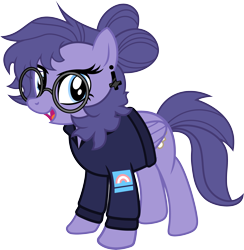 Size: 3243x3323 | Tagged: safe, artist:jaye, oc, oc only, oc:vylet, pegasus, pony, g4, clothes, ear piercing, earring, fangs, glasses, hair bun, high res, hoodie, jewelry, piercing, show accurate, simple background, solo, transgender, transparent background, vector