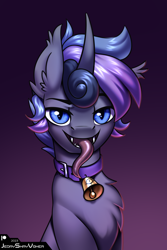 Size: 2000x3000 | Tagged: safe, artist:jedayskayvoker, oc, oc only, oc:voidmoon, hybrid, pony, unicorn, bell, bust, chest fluff, collar, curved horn, ear fluff, fangs, fluffy, gradient background, high res, horn, hybrid oc, icon, long tongue, looking at you, male, one ear down, patreon, patreon reward, portrait, slit pupils, solo, stallion, tongue out, unicorn oc