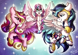 Size: 1200x849 | Tagged: safe, artist:julunis14, princess cadance, princess flurry heart, shining armor, alicorn, pony, g4, alicornified, armor, chest fluff, crown, ear fluff, family, father and child, father and daughter, female, filly, foal, helmet, husband and wife, jewelry, male, male alicorn, mare, mother and child, mother and daughter, parent, prince shining armor, race swap, regalia, shiningcorn, stallion, stars, unshorn fetlocks
