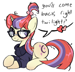 Size: 862x827 | Tagged: safe, artist:muffinz, moondancer, twilight sparkle, pony, unicorn, g4, blushing, clothes, crush, cute, dialogue, female, glasses, implied lesbian, implied shipping, implied twidancer, lesbian, lying down, messy mane, multicolored mane, prone, sad, shipping, simple background, solo, sweater, text, white background