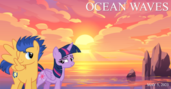 Size: 2064x1072 | Tagged: safe, artist:chainchomp2 edits, artist:estories, artist:not-yet-a-brony, edit, flash sentry, twilight sparkle, alicorn, pegasus, pony, g4, 2023, beach, cloud, female, friends, friendship, looking at each other, looking at someone, male, mare, may, movie reference, ocean, ocean waves, rock, ship:flashlight, shipping, smiling, smiling at each other, stallion, straight, studio ghibli, sun, sunrise, sunset, twilight sparkle (alicorn), walking, water, youtube link in the description