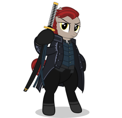 Size: 8192x7923 | Tagged: safe, artist:mrvector, oc, oc only, oc:lawkeeper equity, pony, elements of justice, absurd resolution, belt, bipedal, clothes, coat, female, jacket, katana, looking at you, mare, robe, simple background, solo, sword, transparent background, vector, vergil (devil may cry), weapon, yamato (devil may cry)